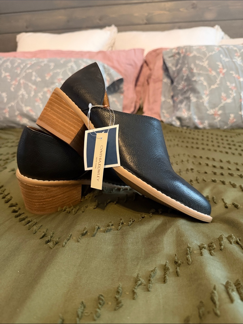 Cynthia Rowley Black Leather Slip-On Mules with Wood Block Heel